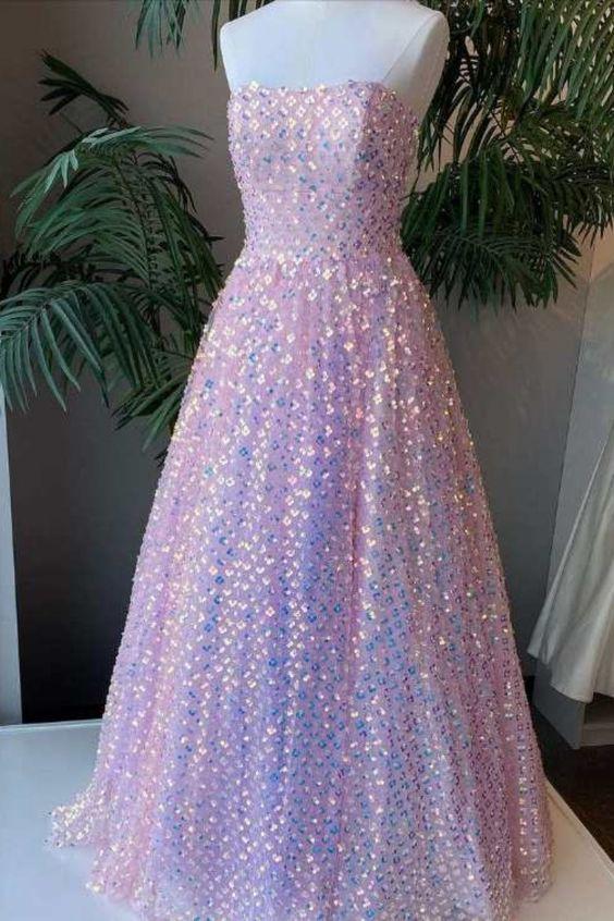 Sparkle Strapless Sequined Pink Prom Dress CD19049
