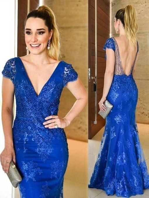 Blue Appliques Beading Embroidery Floor-Length Prom Dress CD19088