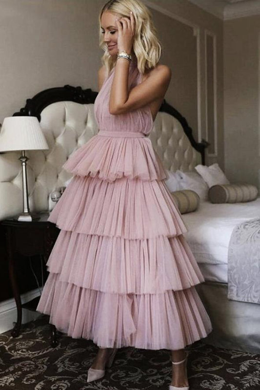 Pink tulle short prom dress pink evening dress CD19110