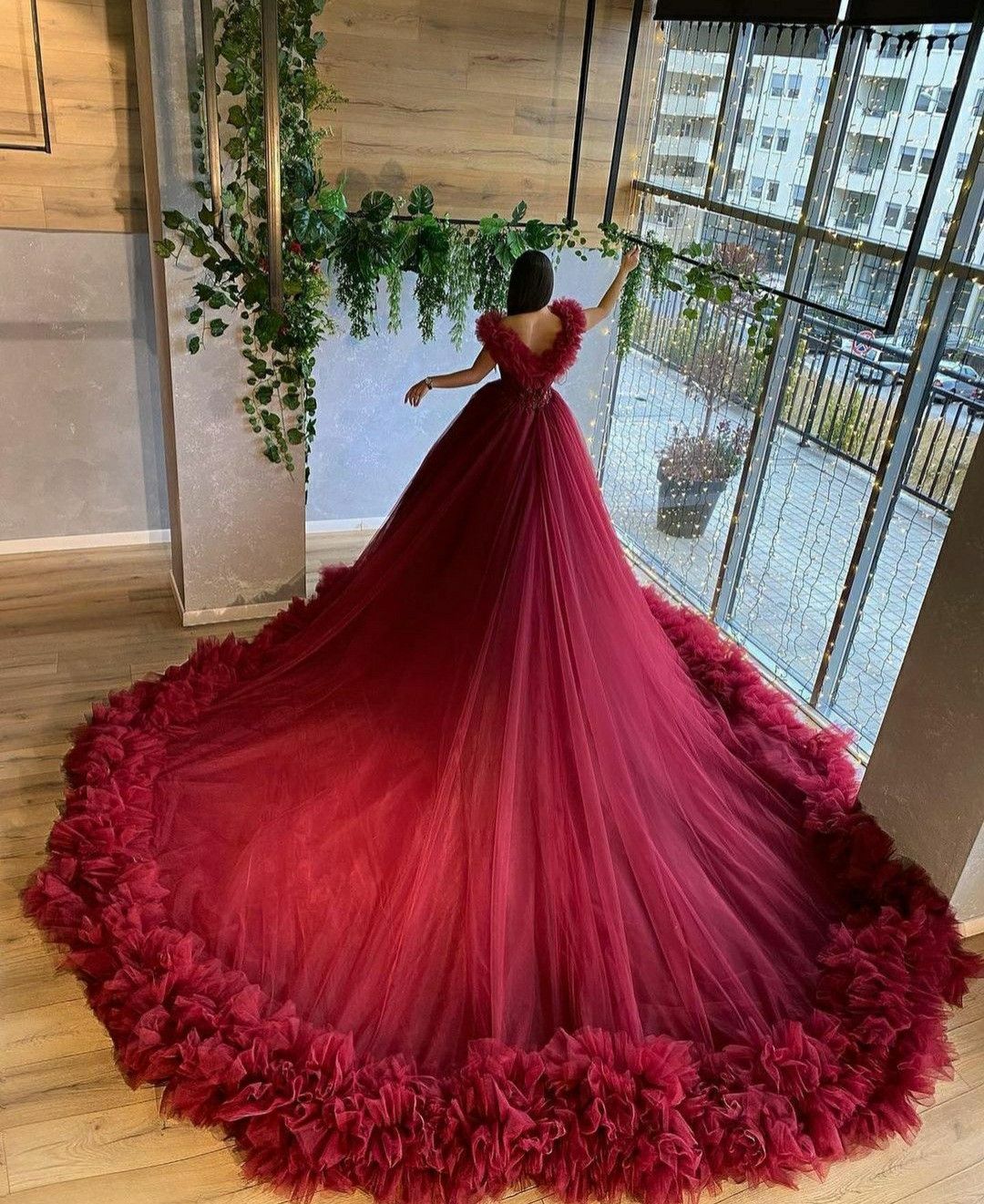 Cute tulle long prom dress burgundy evening dress CD19112