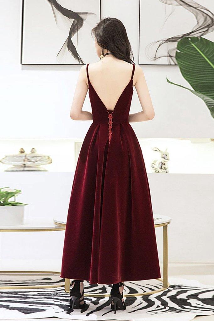 Wine Red Velvet Straps V-Neckline Party Dress, Long Burgundy Prom Dress Evening Dress CD19160