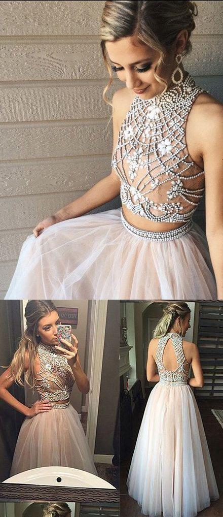 Two Piece Prom Dresses, A line Prom Dresses, Tulle Prom Dress with Beads CD1917