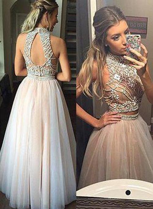 Two Piece Prom Dresses, A line Prom Dresses, Tulle Prom Dress with Beads CD1917