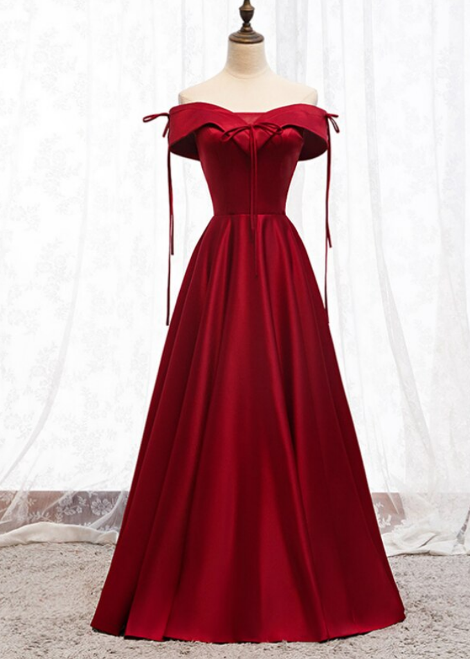 A-Line Burgundy Satin Off the Shoulder Prom Dress CD19183