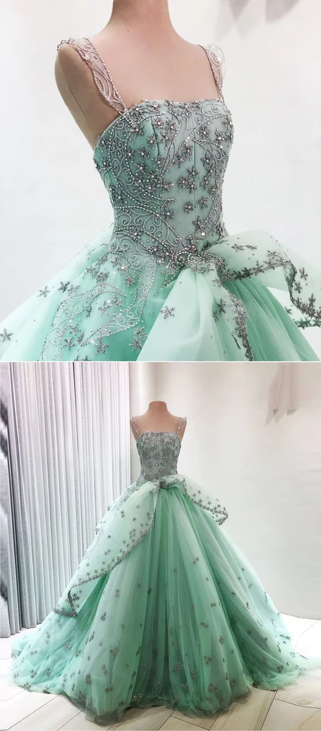 Mint green tulle beaded sweep train open back court prom dress, evening dress CD19201