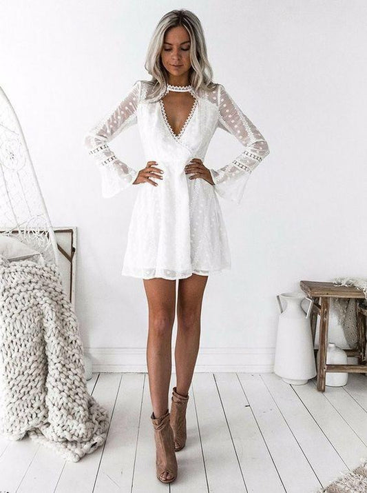 A-Line Jewel Long Sleeves Short White Lace Homecoming Dress CD1923