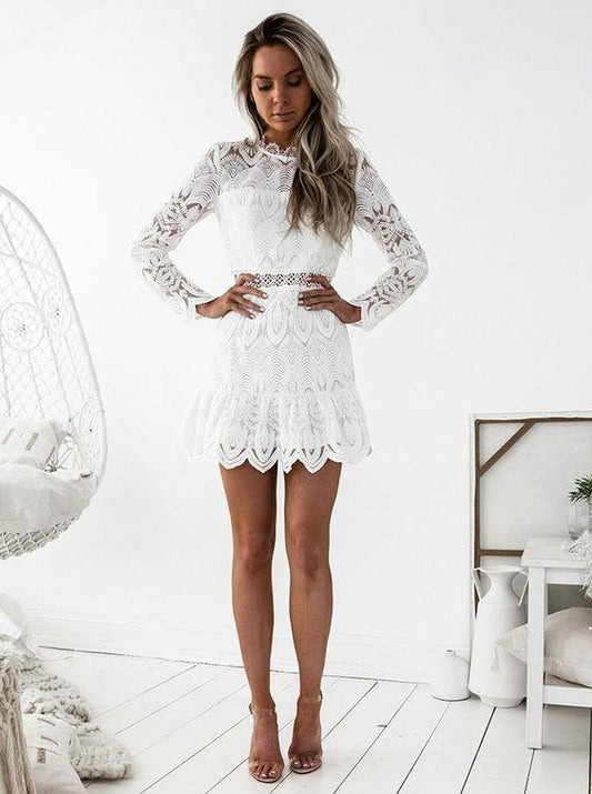 A-Line Round Neck Long Sleeves Short White Lace Homecoming Dress CD1925