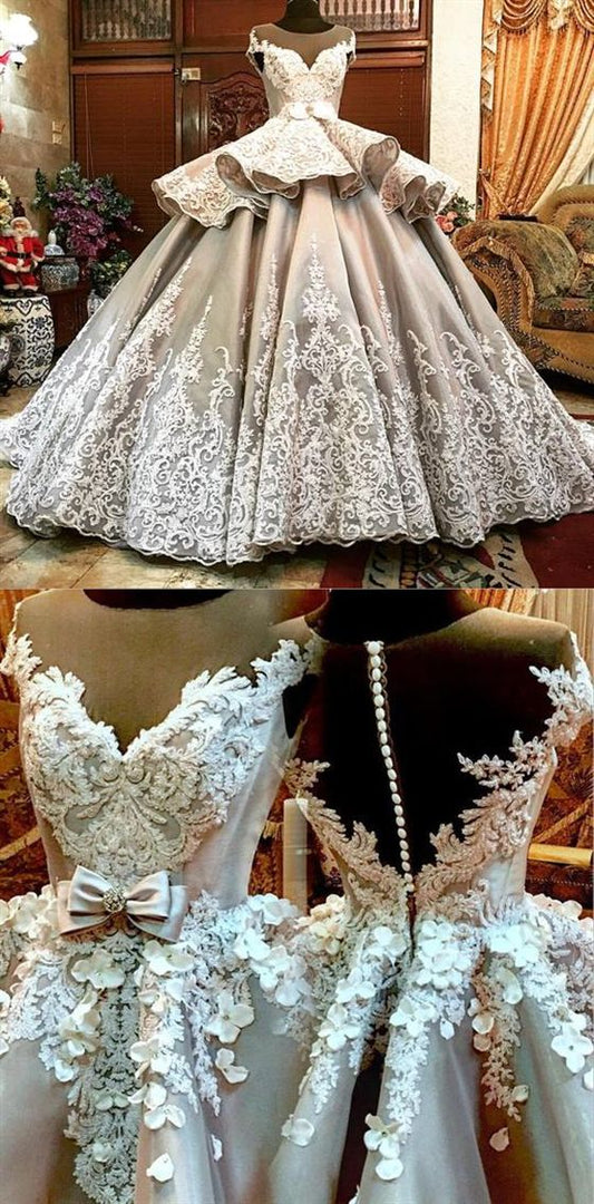 Luxury Scoop Neck Lace Appliques Wedding Prom Dresses Tiered A Line Bridal Gown CD19303