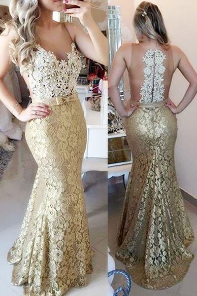Gold V-neck Long Lace Mermaid Prom Dresses CD1935