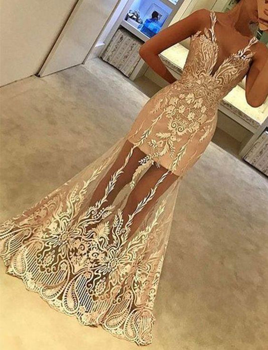 Chic Champagne Prom Dresses Jewel Appliques Mermaid Evening Gowns Long CD1936