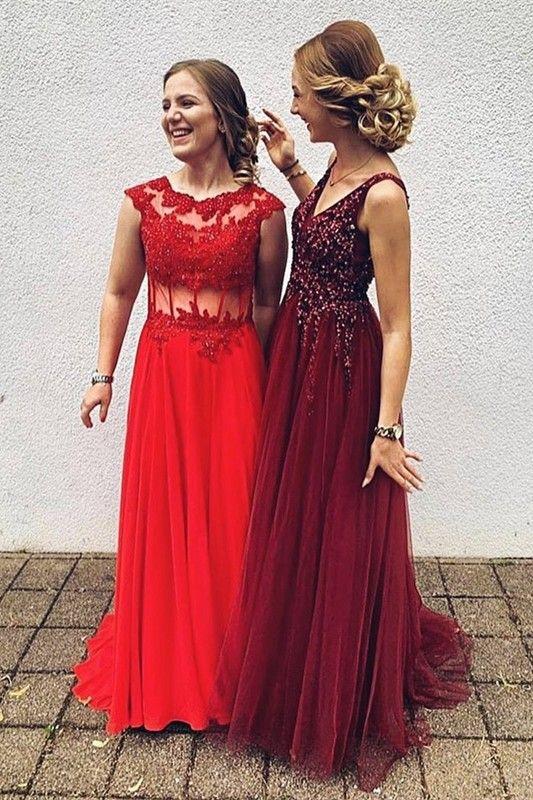 Sexy Beaded Red See Through Prom Party Dress Scoop Cap Sleeves With Appliques CD19434