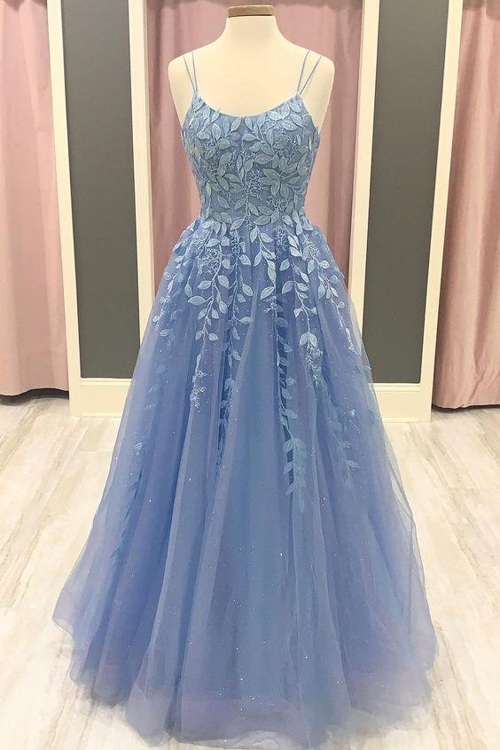 2024 A-line blue lace appliques prom dress CD19458