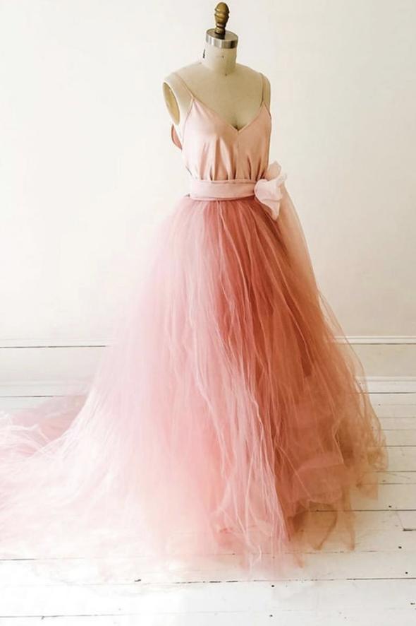 Pink tulle long prom dress pink evening dress CD19465