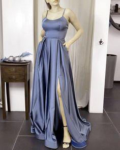 Steel blue satin bridesmaid dresses spaghetti straps satin gown leg split long prom dress evening dress CD19553