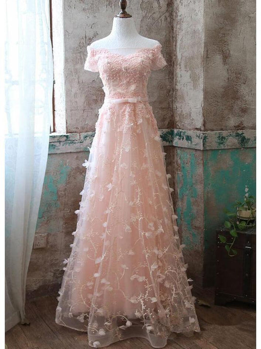 Pearl Pink Lace Off Shoulder Elegant Long Prom Dress, Floral Lace A-Line Bridesmaid Dress CD19614