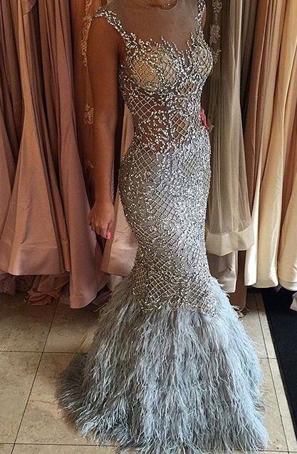 Silver mermaid down with sheer bodice and feathered bottom long prom dress CD19643