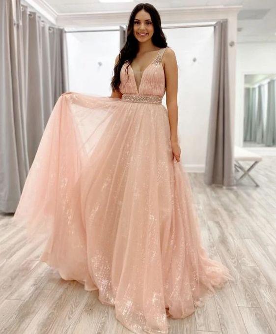 Blush pink long prom dress with rhinestone belt CD19653