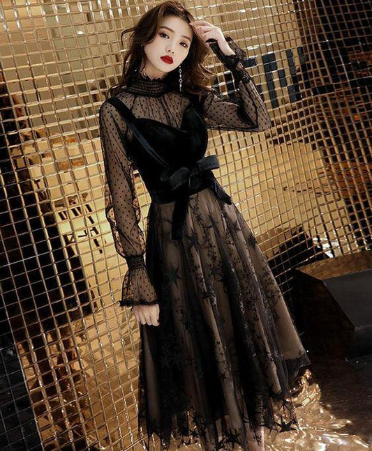 Black tulle lace short dress, black lace homecoming dress CD1970
