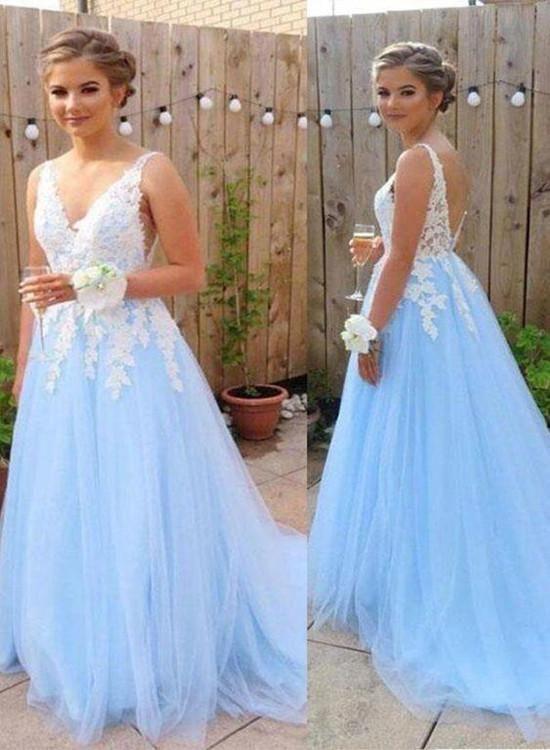Charming Light Blue V-neckline Tulle Prom Dress with Applique, Lovely Formal Gown CD19763