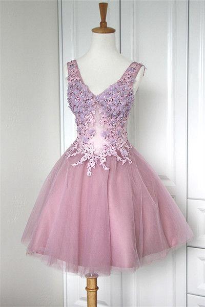 Pink Homecoming Dress, V Neck Homecoming Dress, Lace Homecoming Gowns CD1986