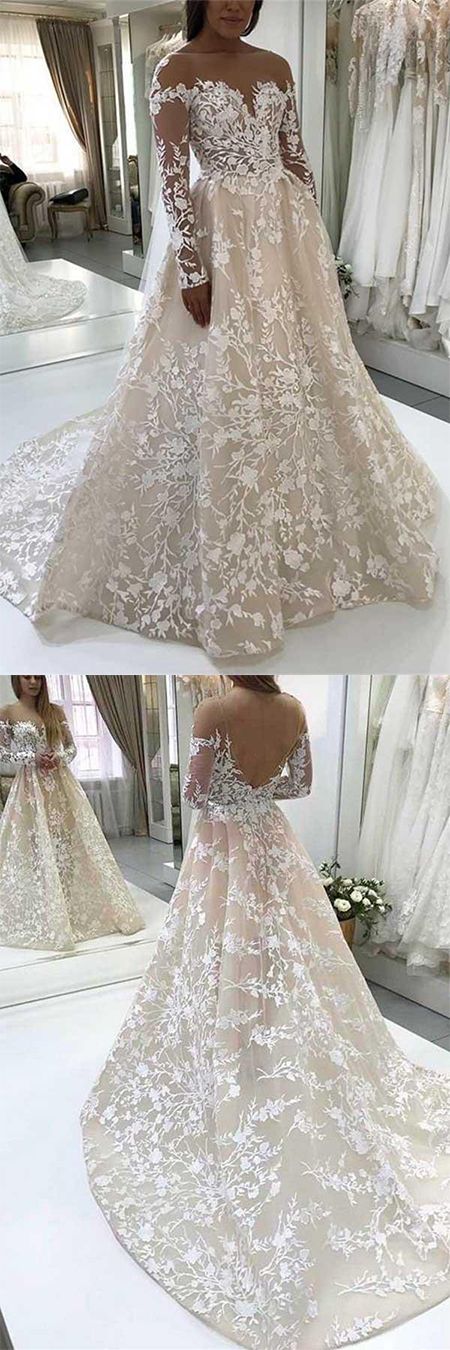 Elegant A-Line Illusion Beteau Long Sleeves Ivory Lace Wedding prom Dress CD19903