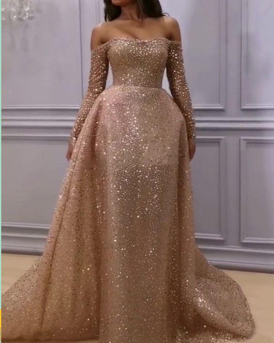 Sparkly mermaid long sleeves prom dresses glitter formal gown off the shoulder for special occasions CD19662