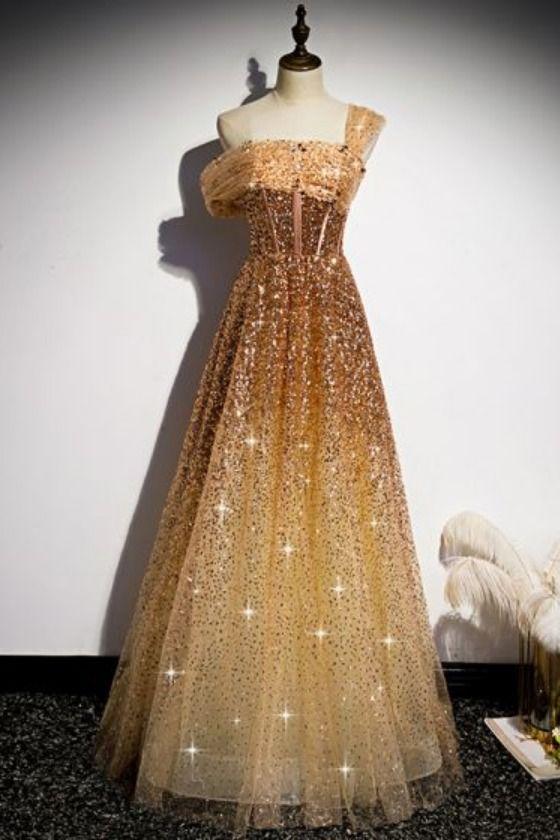 Glitter One Shoulder Sequined Gold Prom Dress CD20241