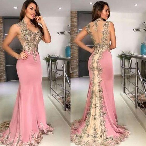 mermaid pink evening dresses long sleeveless lace appliqué beaded elegant Prom Dress CD20241