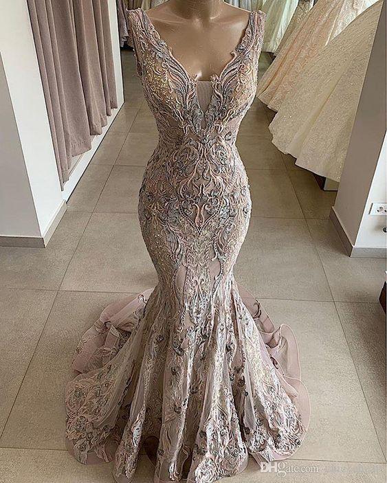 Lace Beaded Sexy African Dubai Evening Dresses Mermaid Backless Prom Dresses Deep V-neck Formal Party Bridesmaid Pageant Gowns CD20242
