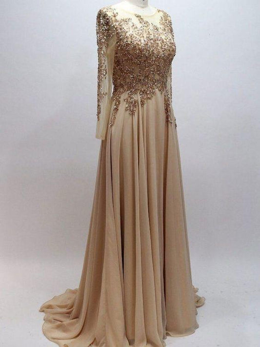 A-line Scoop neck Chiffon with Beaded Long Sleeves Prom Dresses CD20242