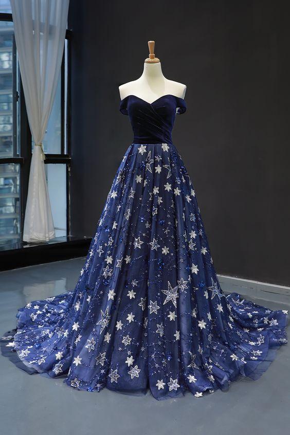 Elegant Off the Shoulder Navy Blue Prom Dress CD20242