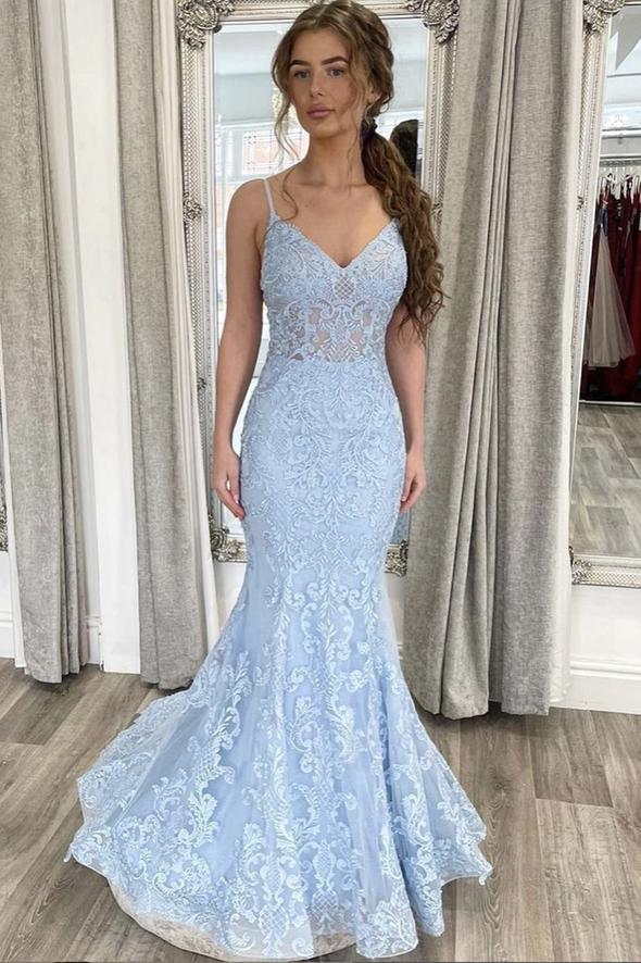 Blue lace long prom dress mermaid evening dress CD20243