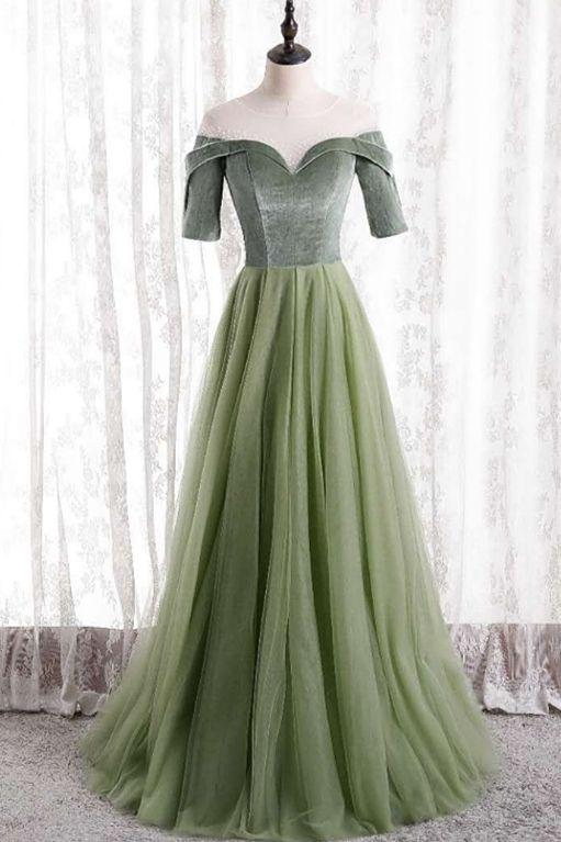 short sleeves sage green tulle long formal dress party dress prom dress CD20241