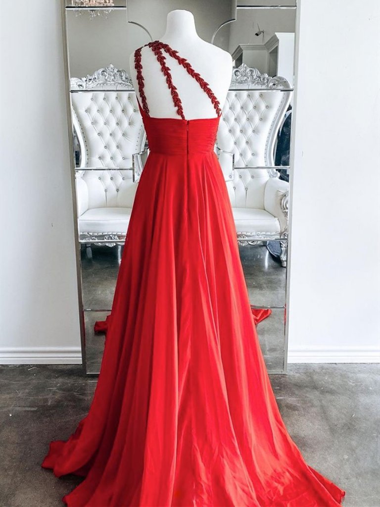 One Shoulder Backless Red Chiffon Long Prom Dresses CD20242