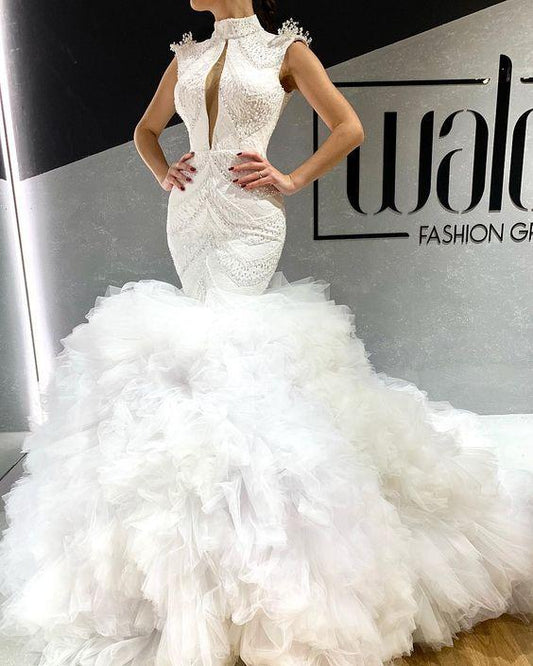 white evening dresses long high neck tiered beaded mermaid modest elegant evening gown Prom Dresses CD20243