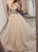 Champagne tulle lace long prom dress, evening dress CD2025