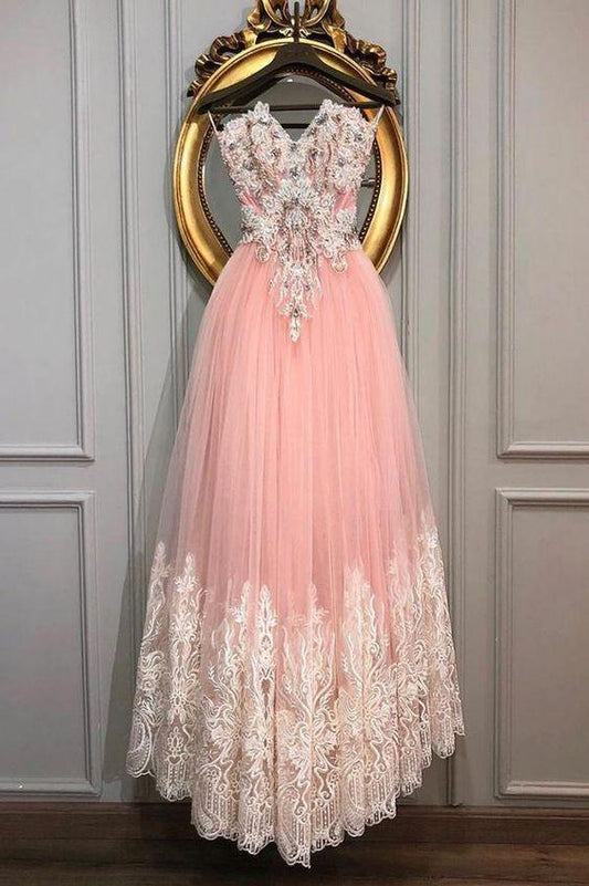 PINK SWEETHEART TULLE LACE LONG PROM DRESS, PINK LACE EVENING DRESS CD2026