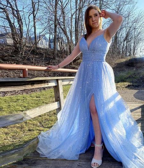 Blue tulle sequins long prom dress CD20275