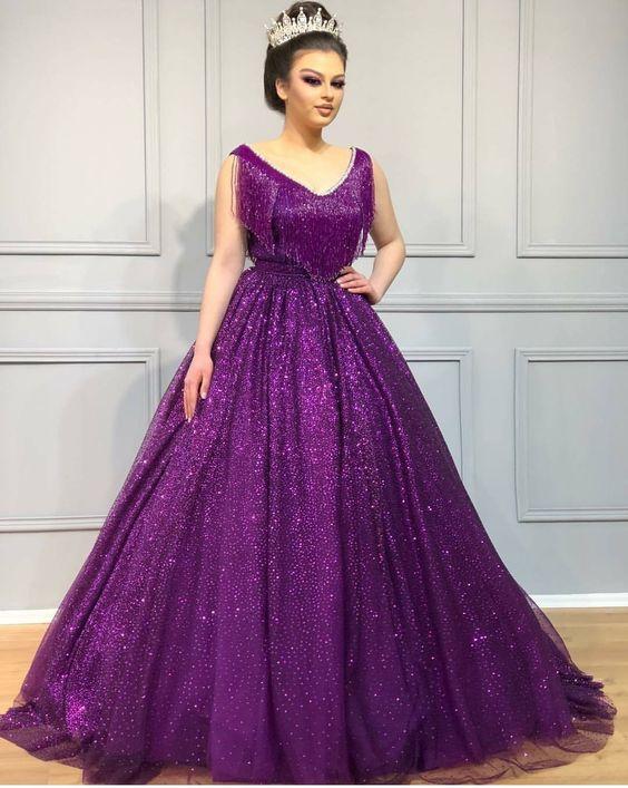 A line long prom dress, purple evening dress CD20281