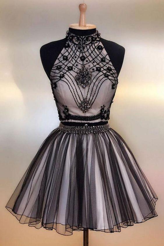 Black tulle beads short dress, black homecoming dress CD2028