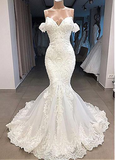 Gorgeous Tulle Off-the-shoulder Neckline Mermaid Wedding Dresses With Beaded Lace Appliques Prom Dress CD20311