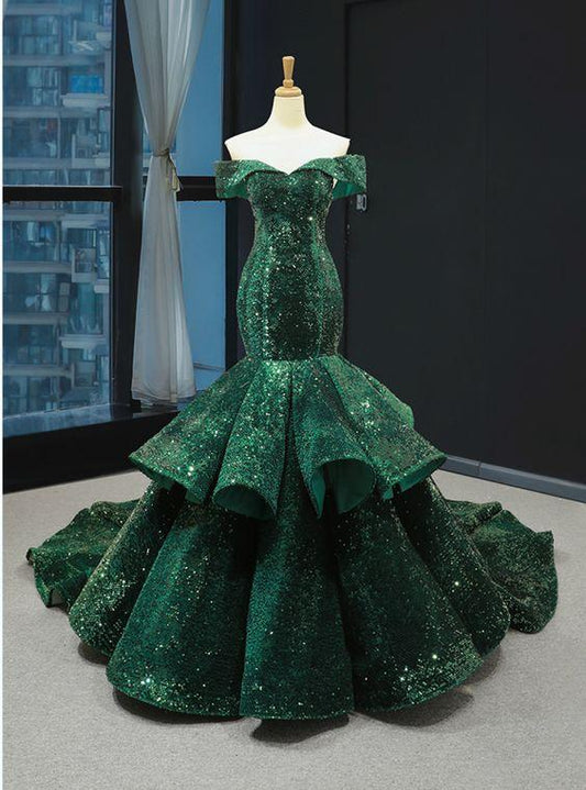 Green Mermaid Sequins Off the Shoulder Luxury Prom Dress With Train CD20312