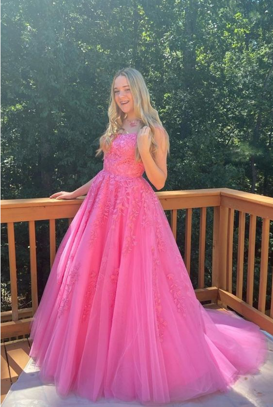 Hot Pink Lace Tulle Appliques Long Prom Dress CD20345
