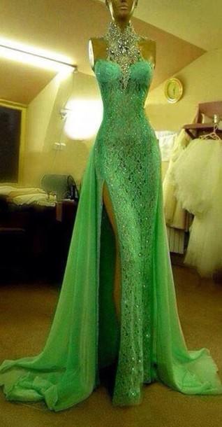 Custom Made Crystal Evening dresses Green High Neck Lace Prom Dresses With Slit Sexy Mermaid Crystal Beaded Prom Dresses CD20361