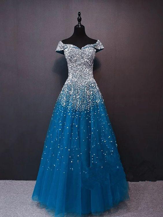 Sparkle Beaded Long Formal Dress, Blue Prom Dress CD20406