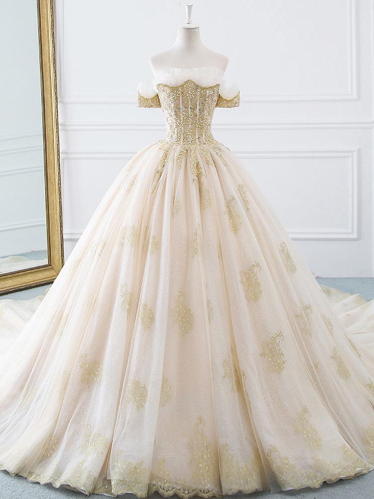 Princesse De Luxe Off The Shoulder Short Sleeve Beaded Sequins Appliques Luxury Princess Ball Gown Wedding Dress prom dress evening dress CD20437