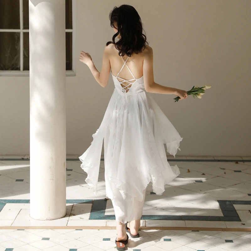White Chiffon High Low Chic Simple Wedding Party Dress, White Short Prom Dress Graduation Dress CD20451