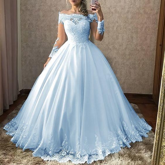 Off the shoulder blue tulle lace prom dress CD20467