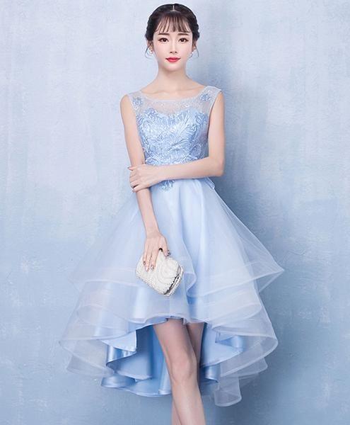 Blue tulle high low lace dress, blue tulle lace homecoming dress CD2047