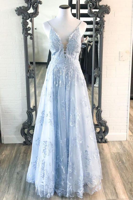 A-line light blue lace long prom dress 2022 CD20496